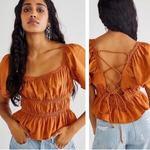 Free People Phoebe Smocked Lace Up Puff Sleeve